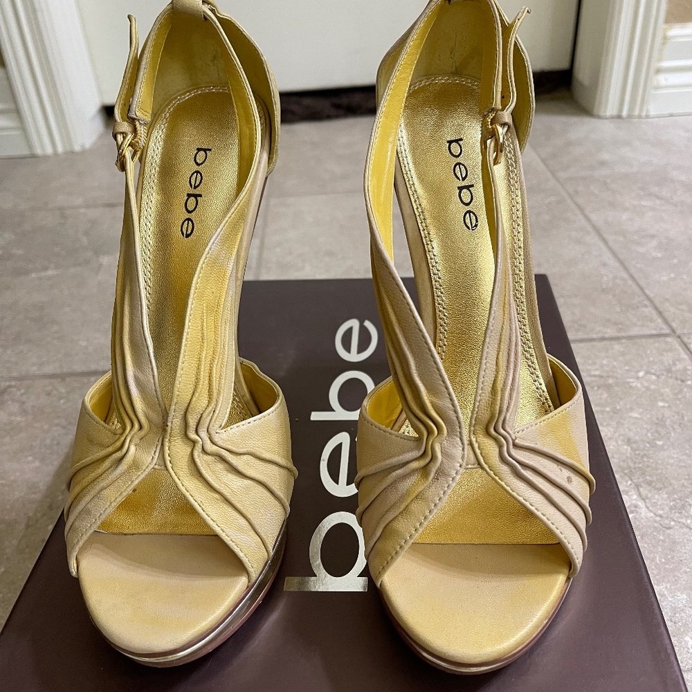 Bebe Yellow Tie-Dye Ruched High Heeled Leather Shoe Sandal Size 8